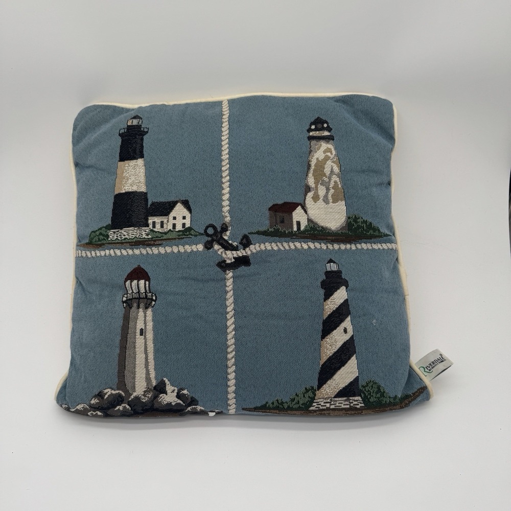 Vintage Riverdale Lighthouse Tapestry Pillow 15x15 Coastal Nautical USA